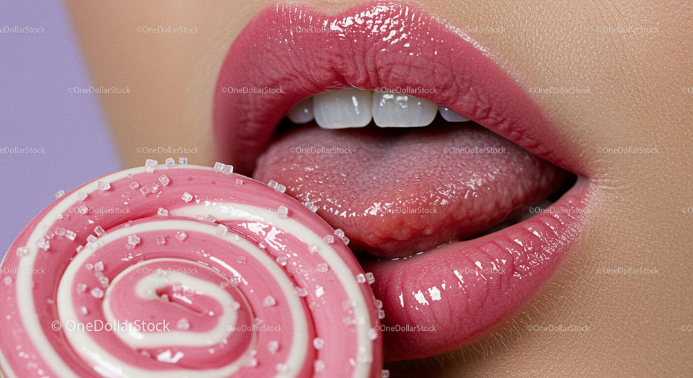 Glossy Pink Lips and Lollipop Close-Up