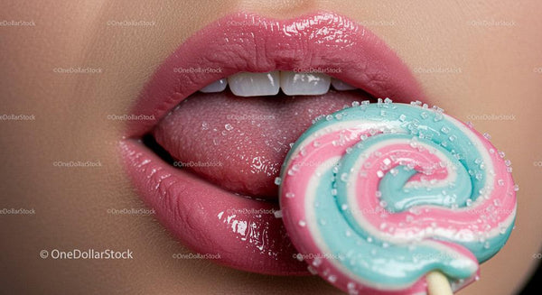 Close-Up of Glossy Lips with Pastel Swirl Lollipop