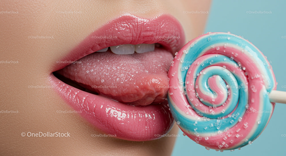 Close-Up of Glossy Pink Lips with Colorful Lollipop