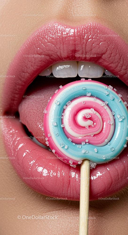 Glossy Pink Lips with Colorful Swirl Lollipop