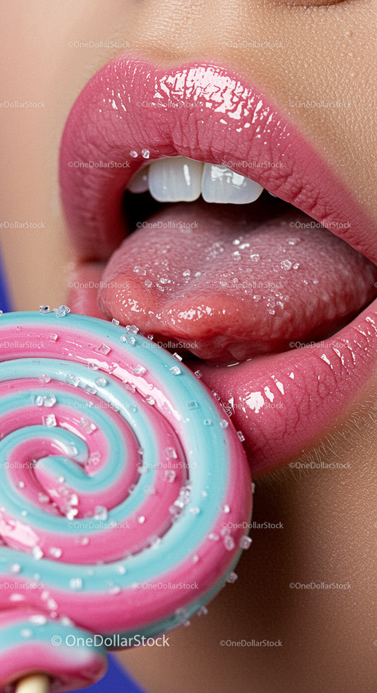 Close-Up of Glossy Pink Lips and Colorful Lollipop