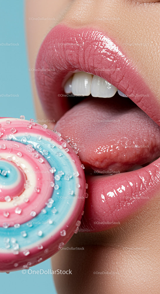 Close-up of Glossy Lips with Colorful Lollipop