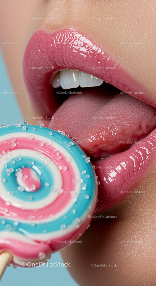 Glossy Pink Lips and Vibrant Lollipop Close-Up