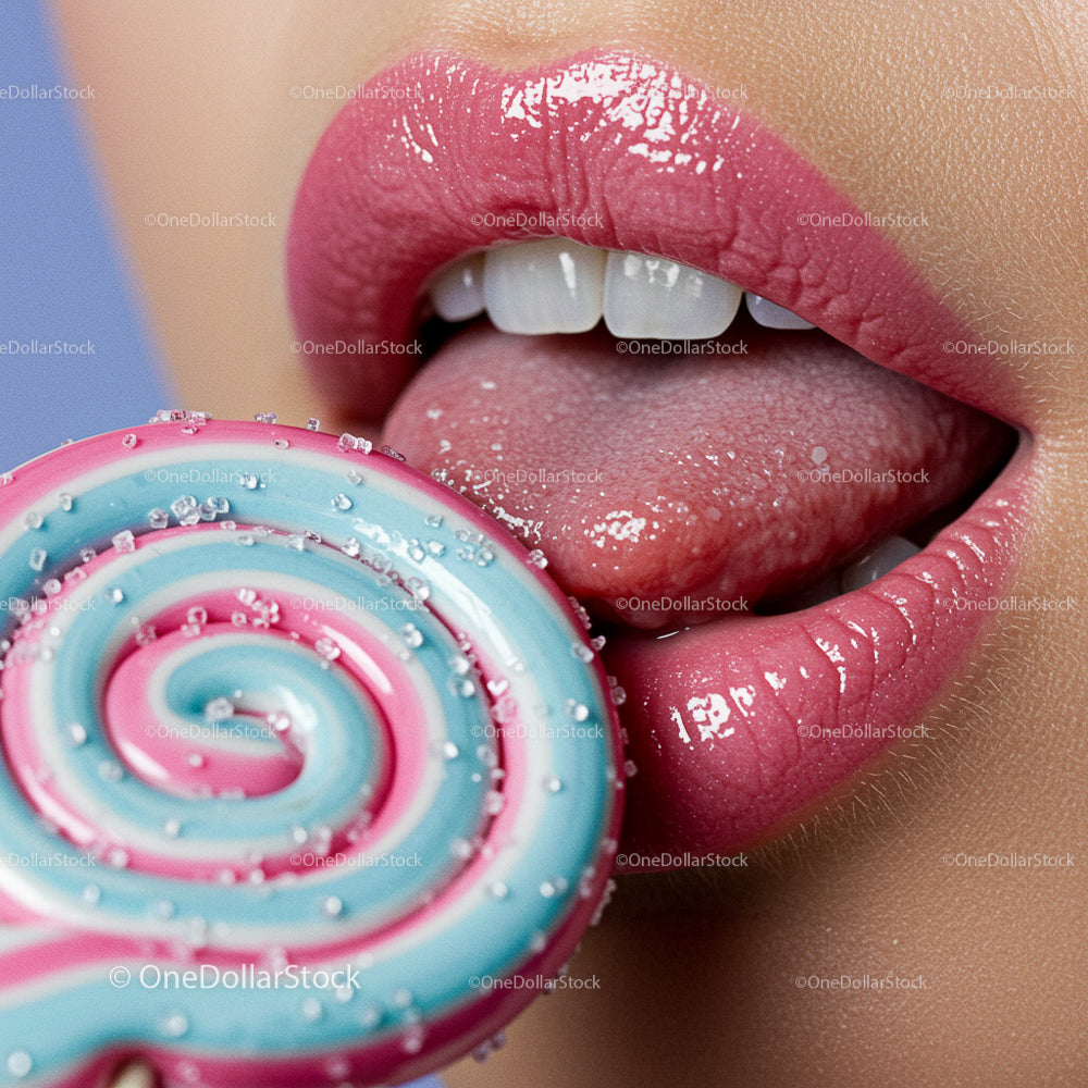 Close-Up of Glossy Lips with Swirled Lollipop