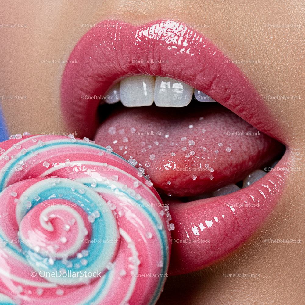 Pink Lips with Sugary Lollipop Close-Up