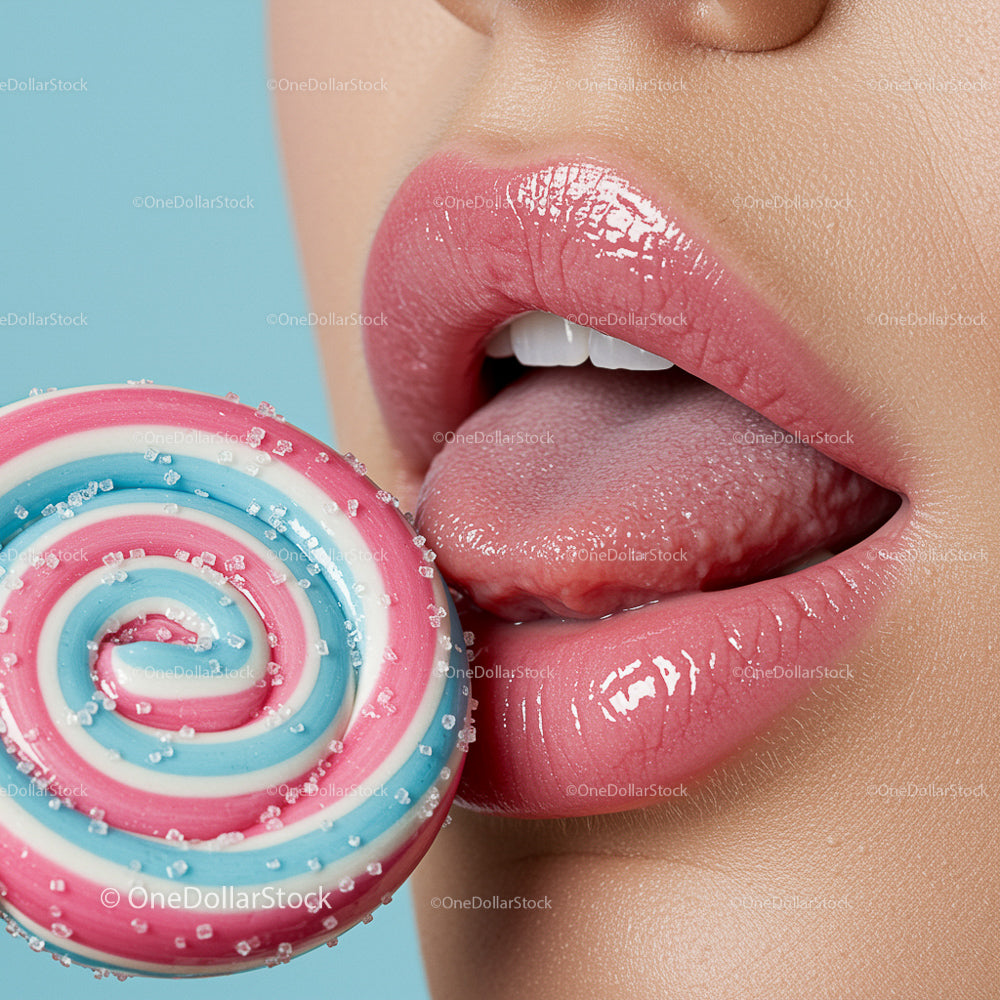Glossy Lips and Colorful Swirl Lollipop Close-Up