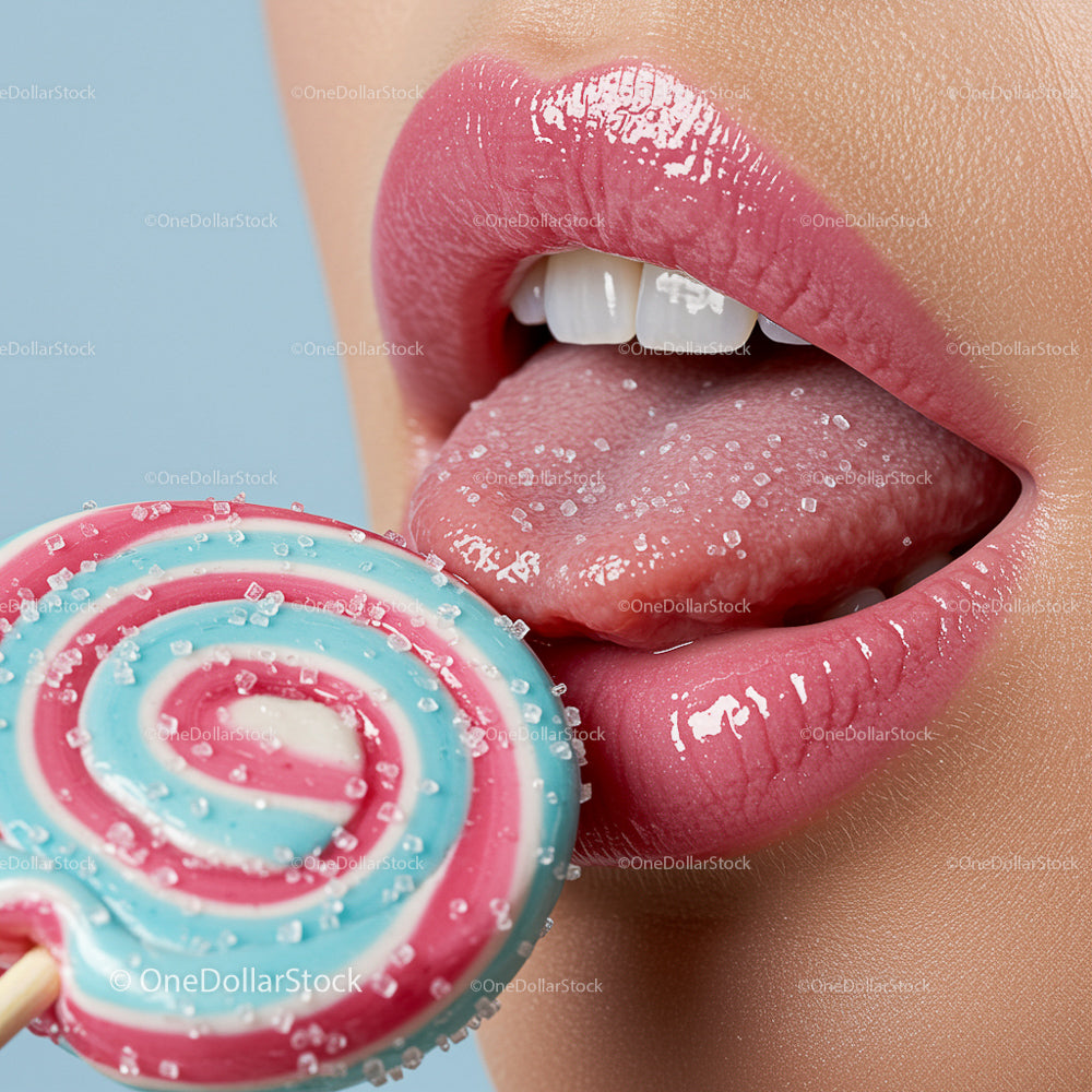 Close-Up of Glossy Lips with Sugary Lollipop