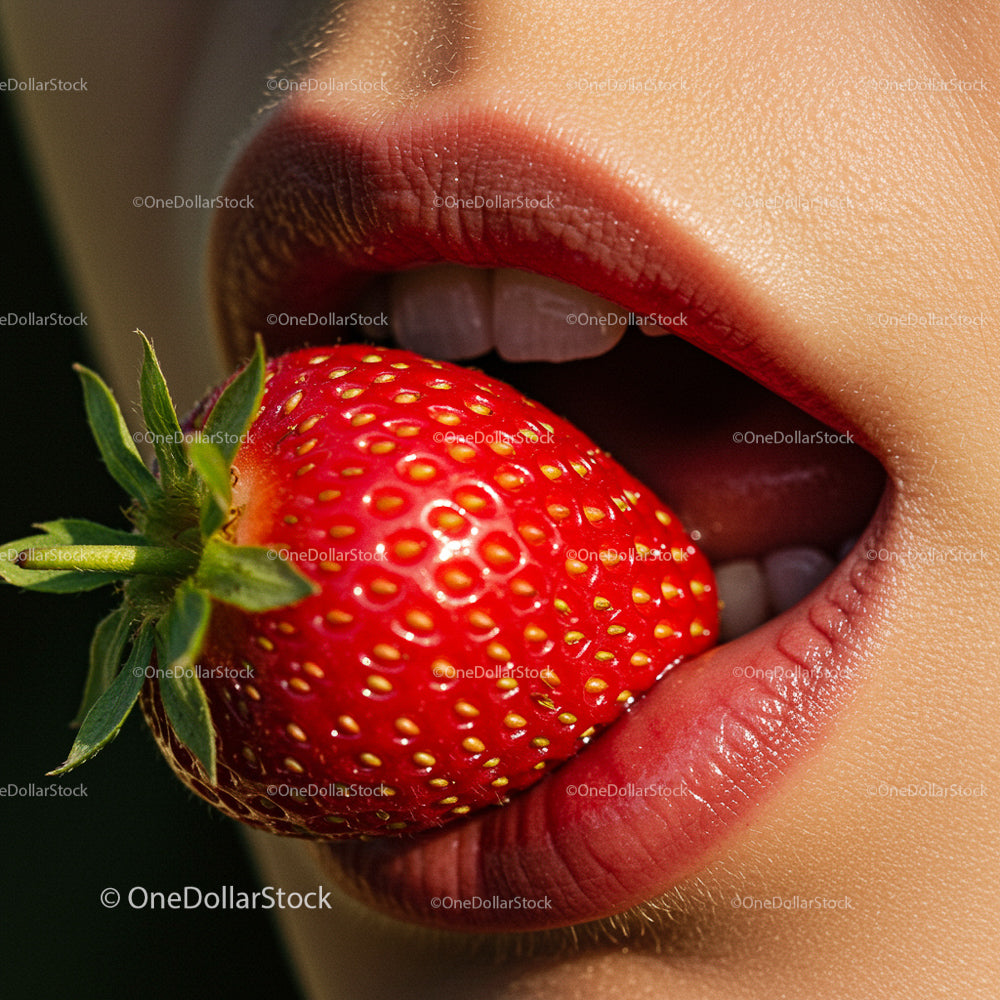 Close-Up of Luscious Lips with Fresh Strawberry