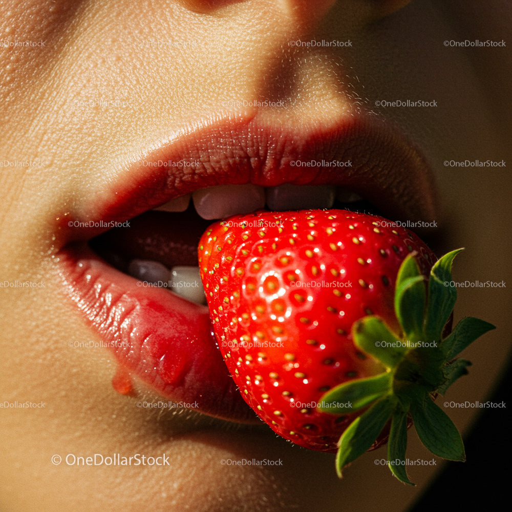Close-Up of Luscious Red Lips with Fresh Strawberry