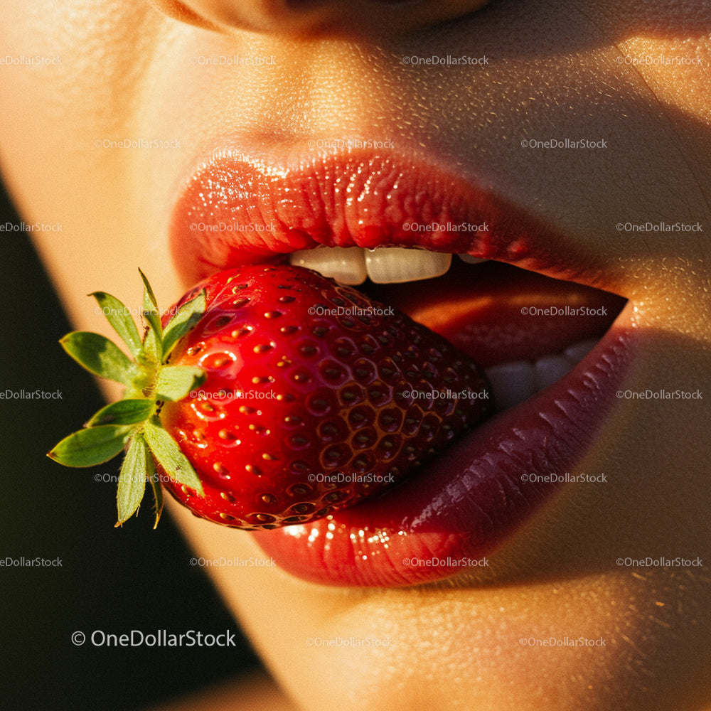Close-up of Sensual Red Lips with Juicy Strawberry
