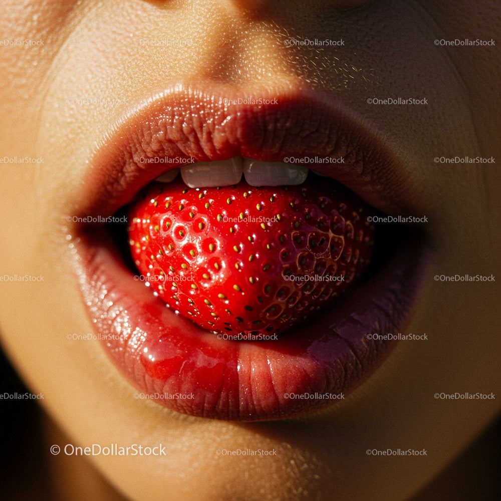 Juicy Strawberry Held by Sensual Lips