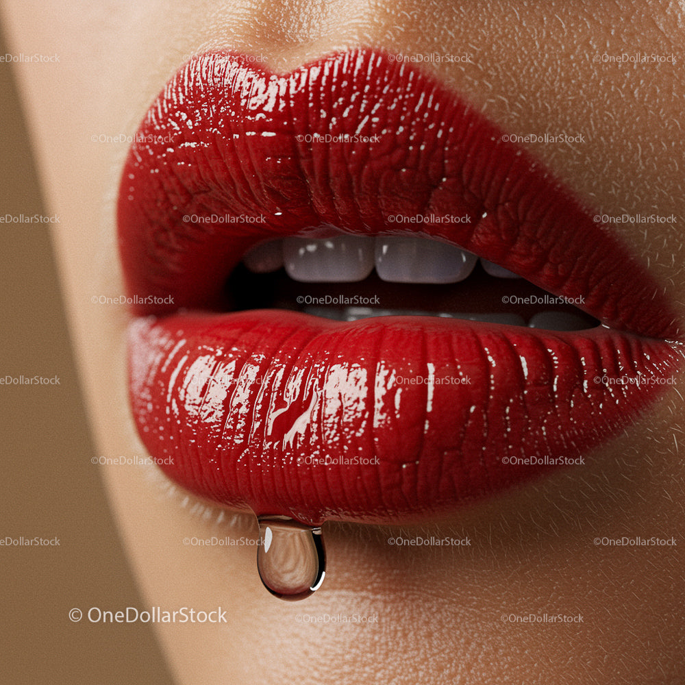 Close-up of Glossy Red Lips with Droplet Detail
