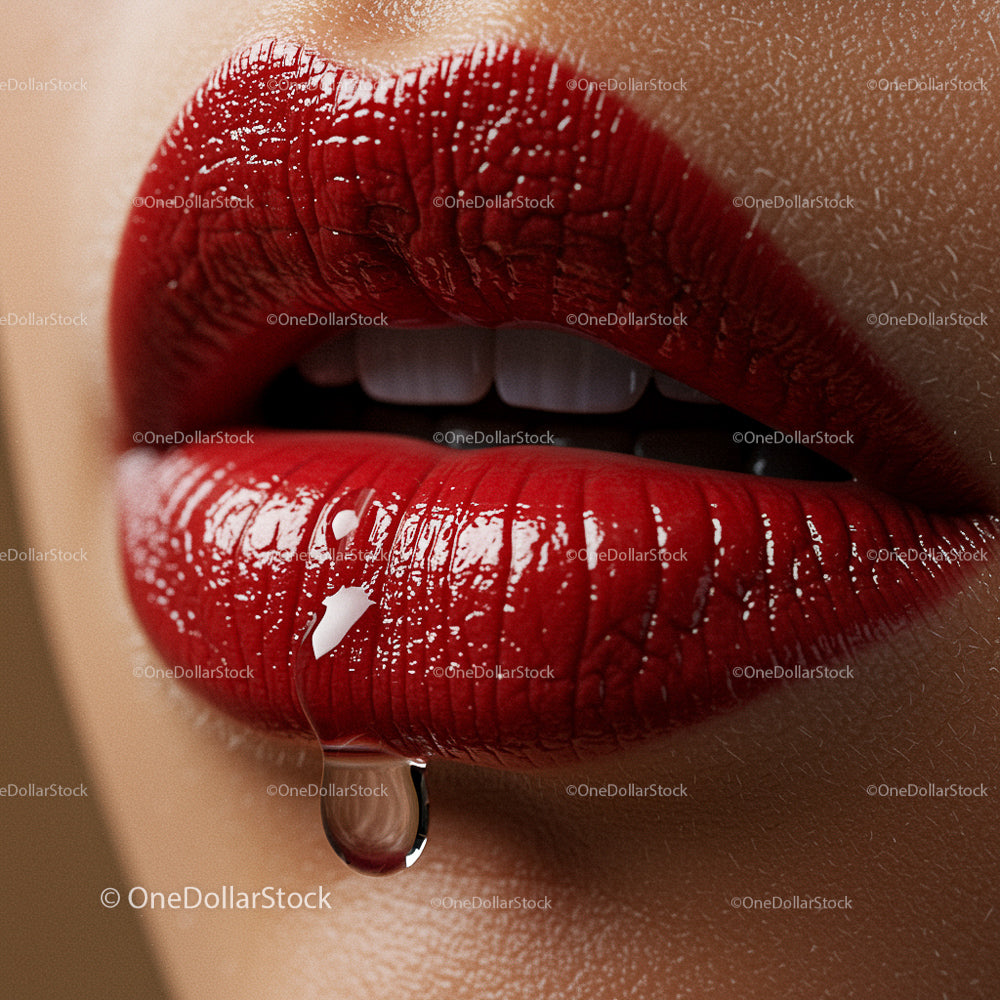 Close-Up of Glossy Red Lips with Sensual Droplet