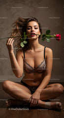 Sensual Woman with Red Rose in Elegant Lingerie