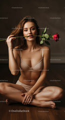 Brunette Woman Sitting with Red Rose in Intimate Setting