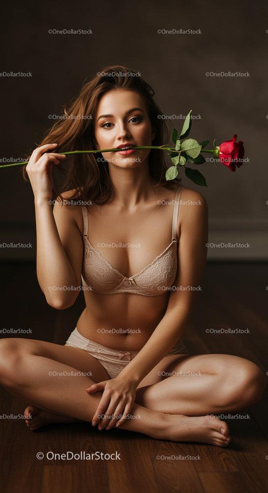Brunette Woman Sitting with Red Rose in Intimate Setting