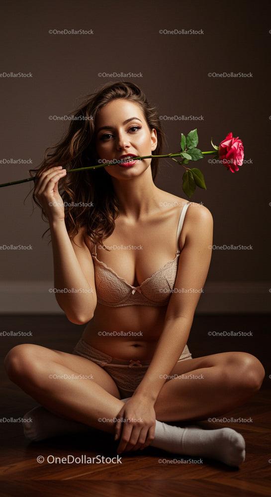 Elegant Woman in Lingerie Holding a Red Rose