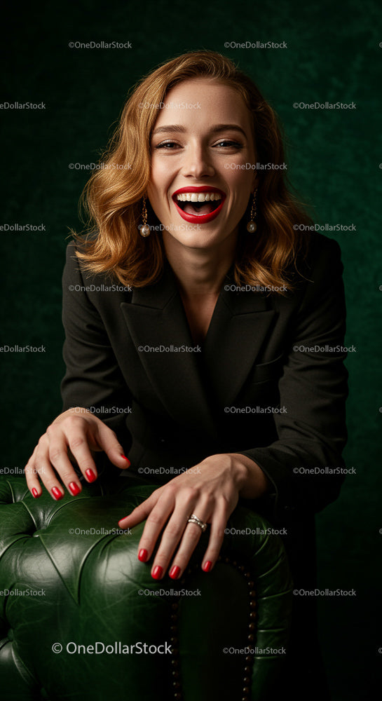 Smiling Woman in Elegant Suit with Red Lips and Pearl Earrings