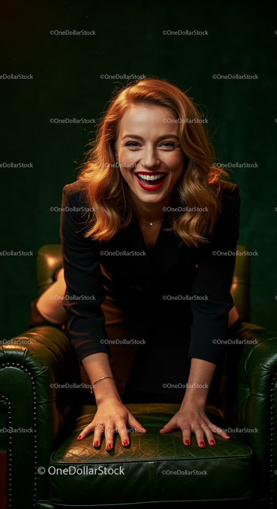 Smiling Woman Leaning Forward in Elegant Black Outfit