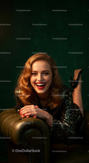Glamorous Woman Smiling in Sparkling Dress on Leather Sofa