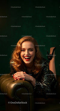 Glamorous Woman Smiling in Sparkling Dress on Leather Sofa