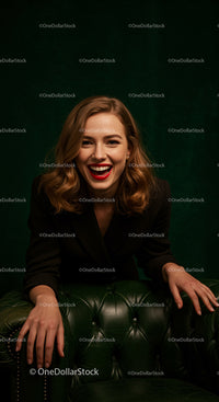 Smiling Woman with Red Lipstick Against Green Background