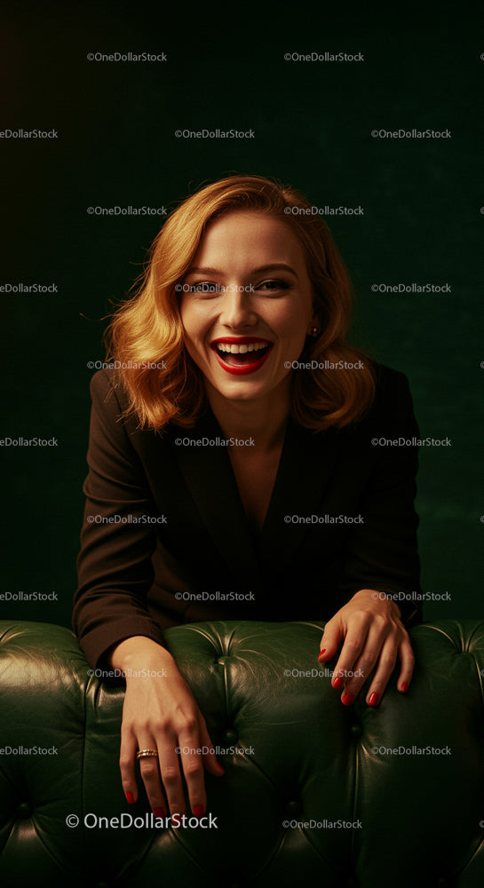 Smiling Woman with Blonde Hair and Red Lipstick
