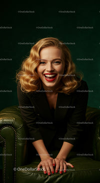Smiling Woman with Blonde Hair in Elegant Black Suit