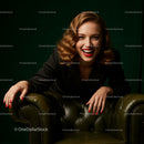 Smiling Woman in Black Blazer on Green Armchair