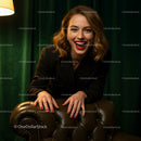 Elegant Smiling Woman in Stylish Outfit on Leather Sofa