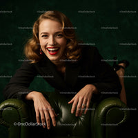 Smiling Woman in Elegant Black Attire on Green Leather Chair