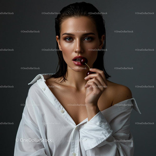 Elegancka kobieta w białej koszuli z wiśniowymi ustami