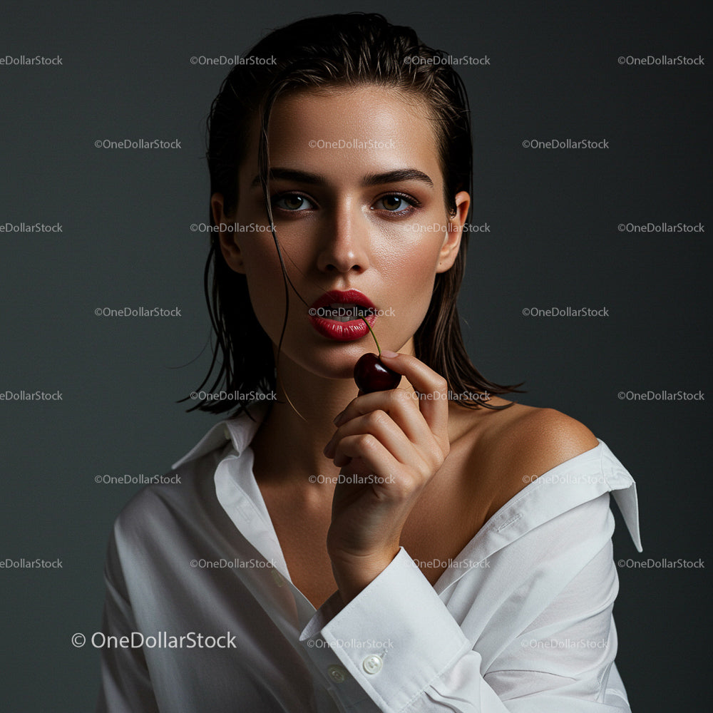 Glamorous Woman with Cherry and Red Lips