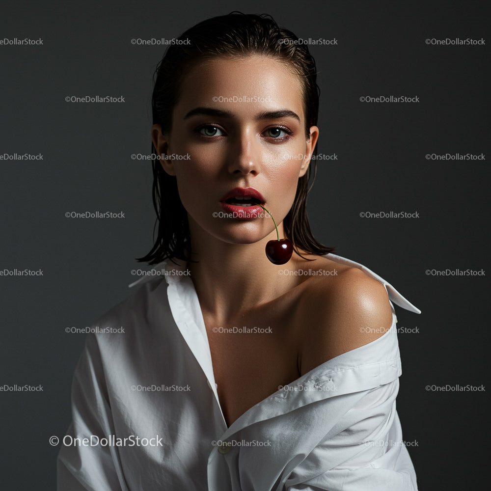 Sophisticated Woman with Cherry in White Shirt