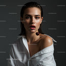 Sophisticated Woman with Cherry in White Shirt