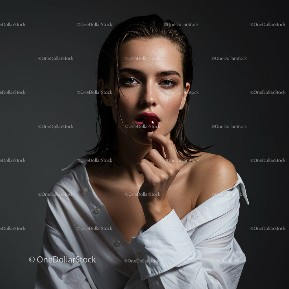 Elegant Woman in White Shirt with Dark Background