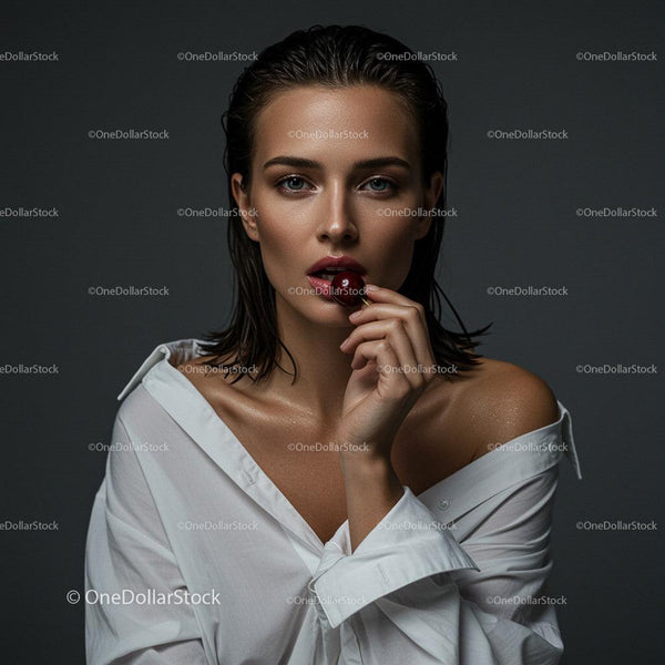 Elegancka kobieta z wiśniowymi ustami w białej koszuli