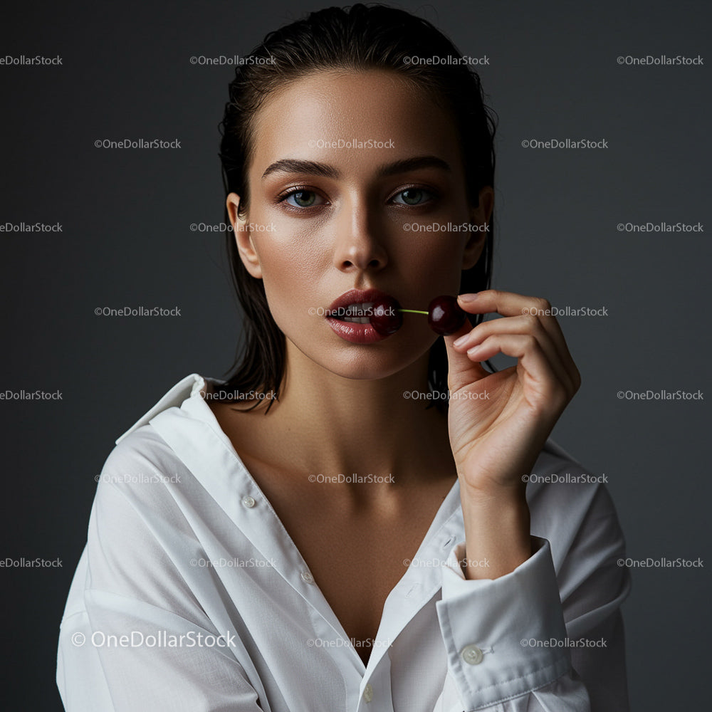 Elegant Woman in White Shirt Holding a Grape