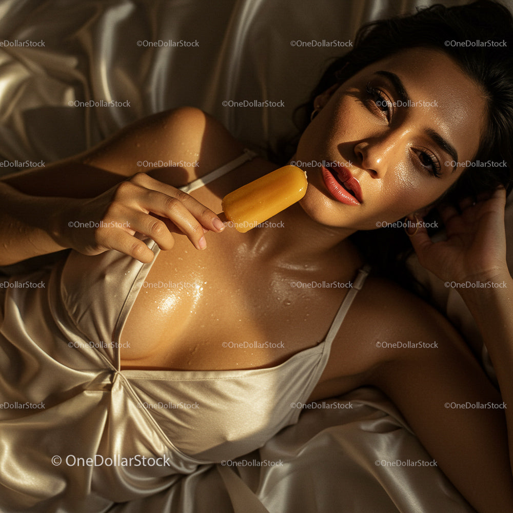 Elegant Woman Relaxing with Popsicle in Satin Dress