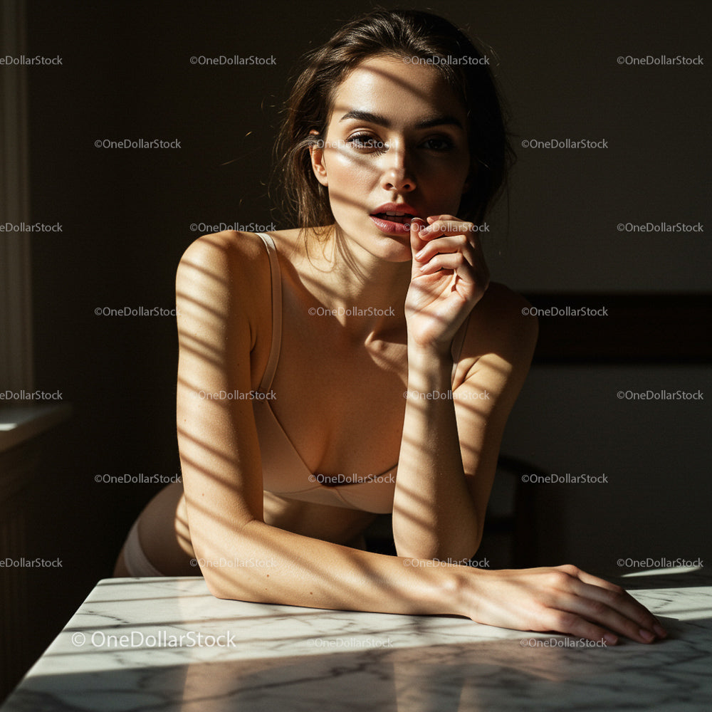 Woman in Soft Sunlight with Shadow Play on Marble