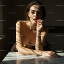 Woman in Soft Sunlight with Shadow Play on Marble