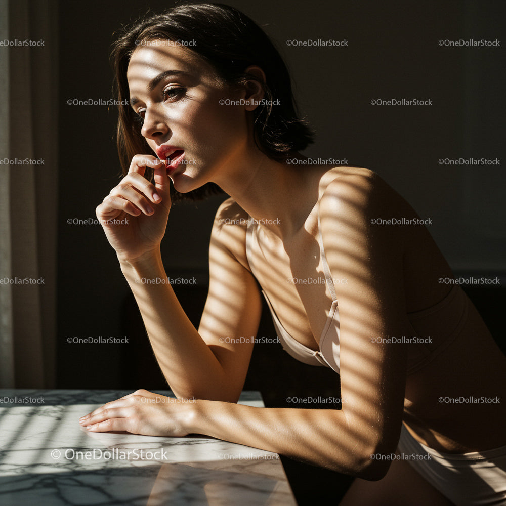 Woman in Soft Sunlight with Playful Shadows