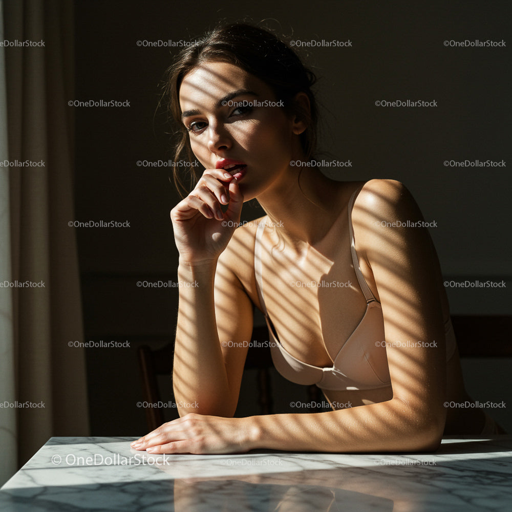 Woman in Contemplative Pose with Dramatic Shadow Patterns