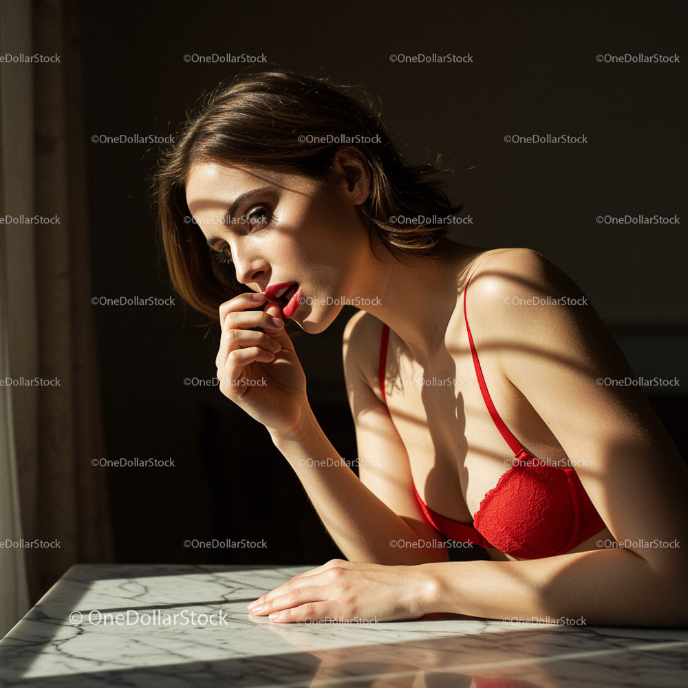 Woman in Red Lingerie Relaxing in Sunlit Room