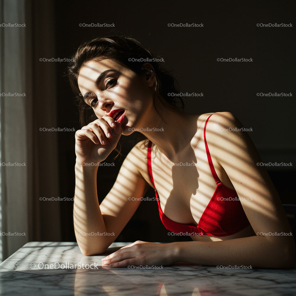 Woman in Red Bra Bathed in Sunlight with Playful Shadows