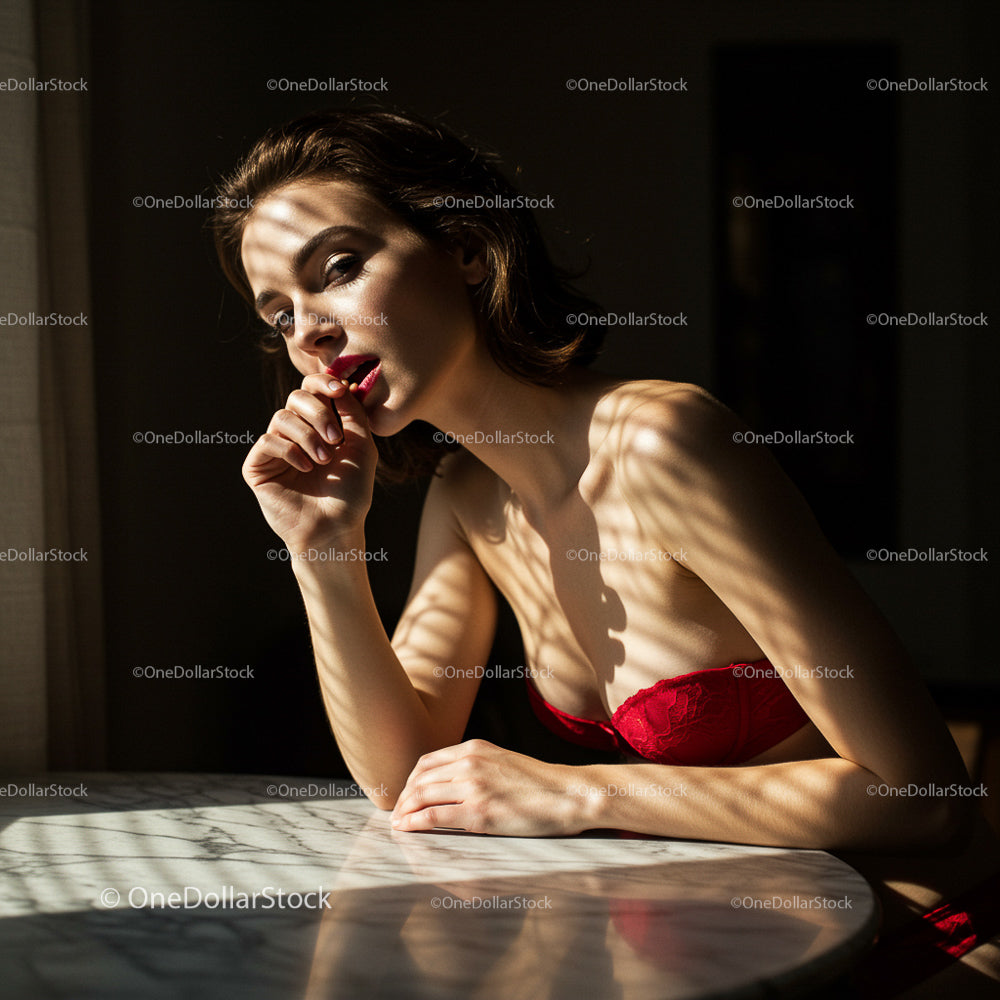 Woman in Red Lingerie in Sunlit Room