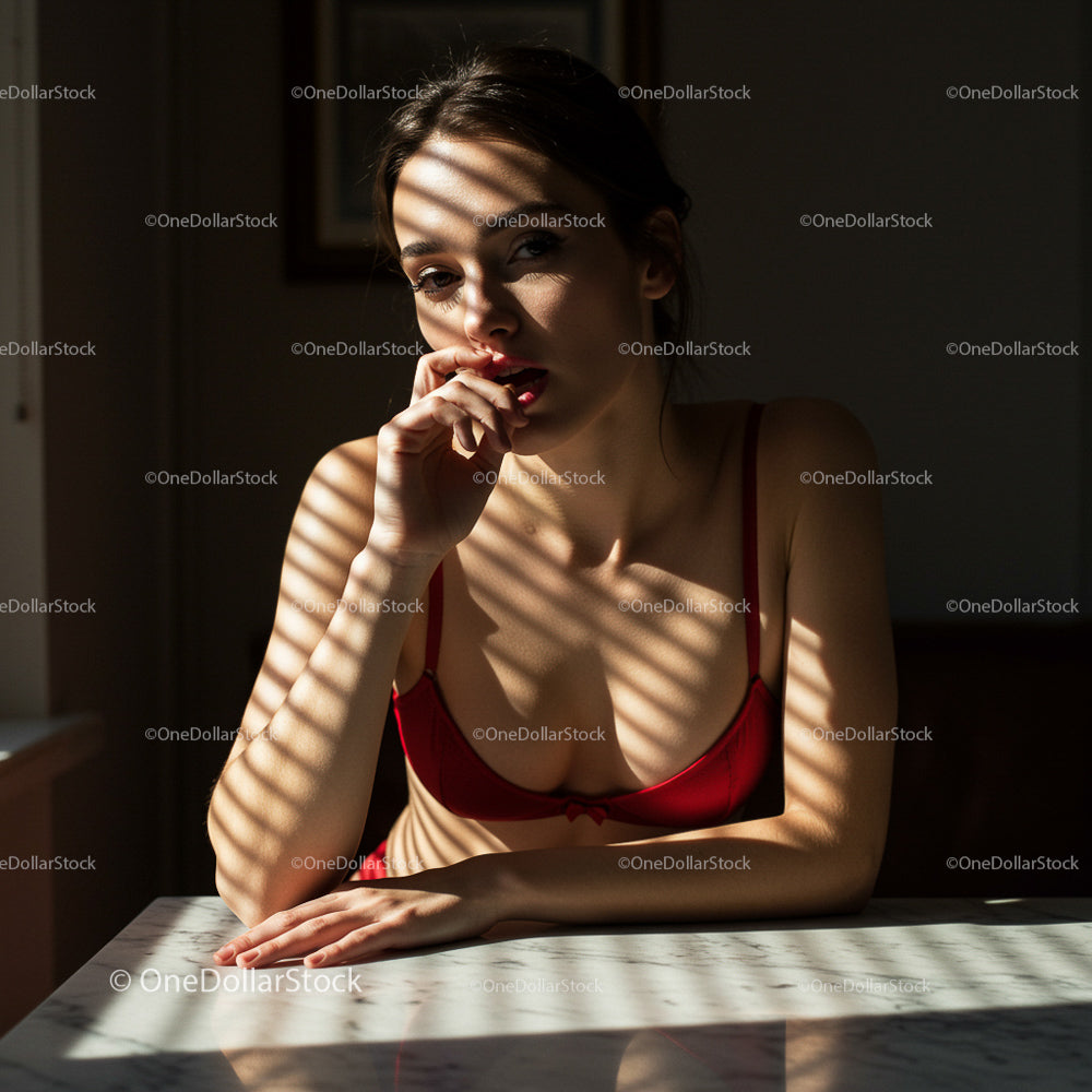 Woman in Red Lingerie in Dappled Sunlight