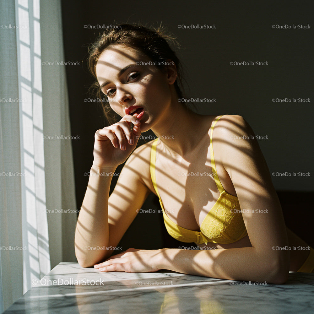 Woman in Yellow Lingerie with Sunlight Shadows