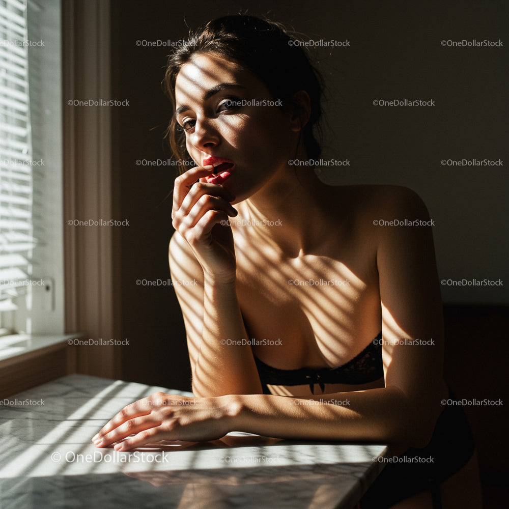 Contemplative Woman in Lingerie with Sunlit Shadows