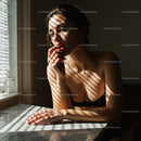 Contemplative Woman in Lingerie with Sunlit Shadows